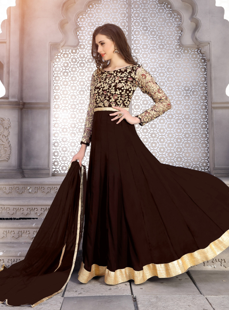 Brown Georgette Floor Length Anarkali Suit 124579