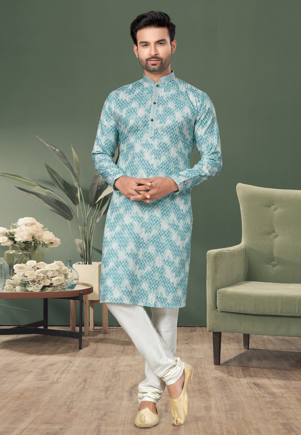 Sky Blue Cotton Printed Kurta Pajama 276488
