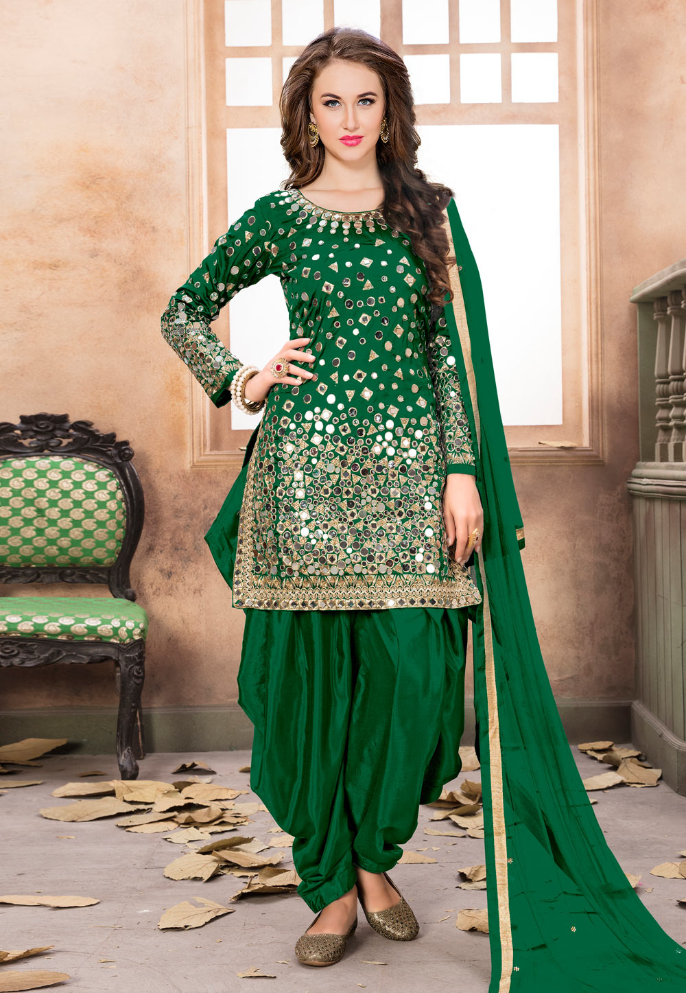Green Taffeta Patiala Suit 186820