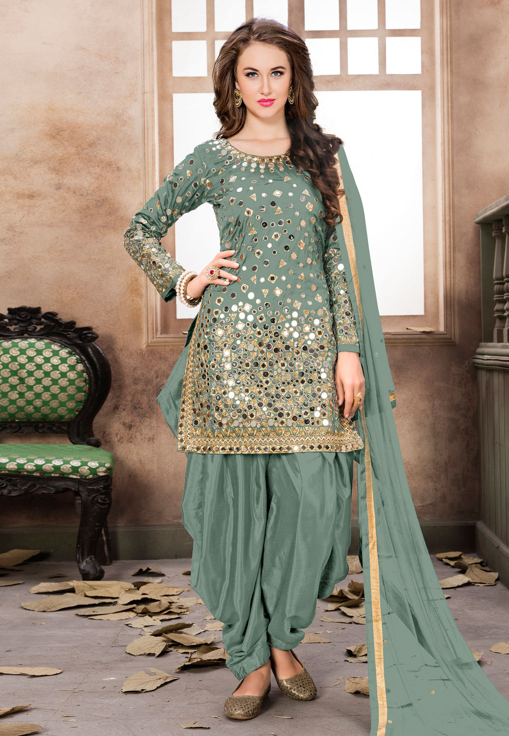 Sea Green Taffeta Patiala Suit 186822