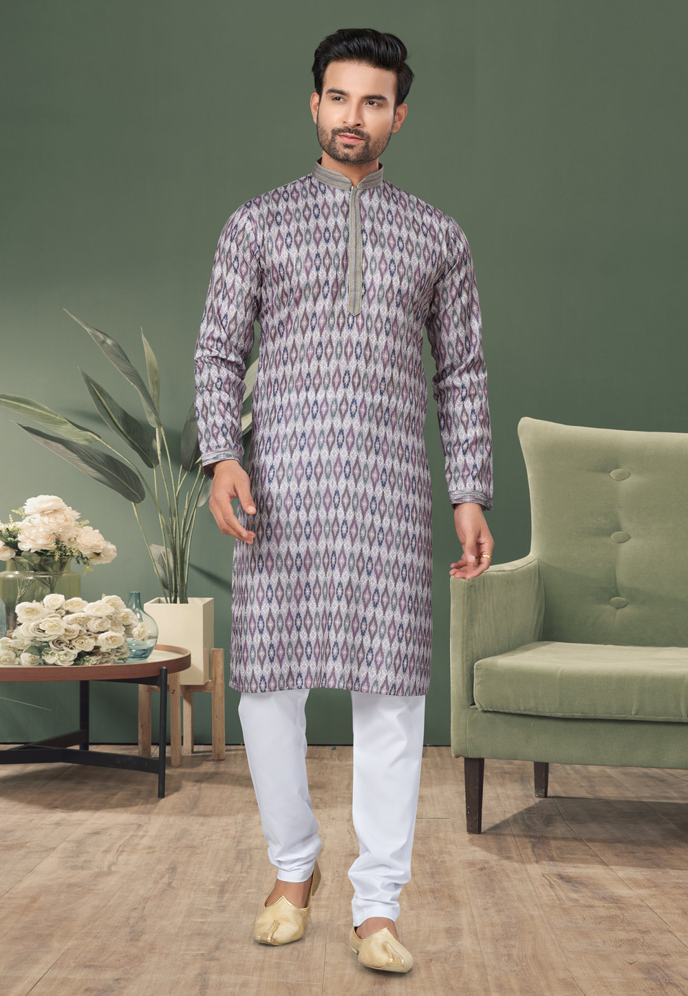 Lavender Cotton Printed Kurta Pajama 276489