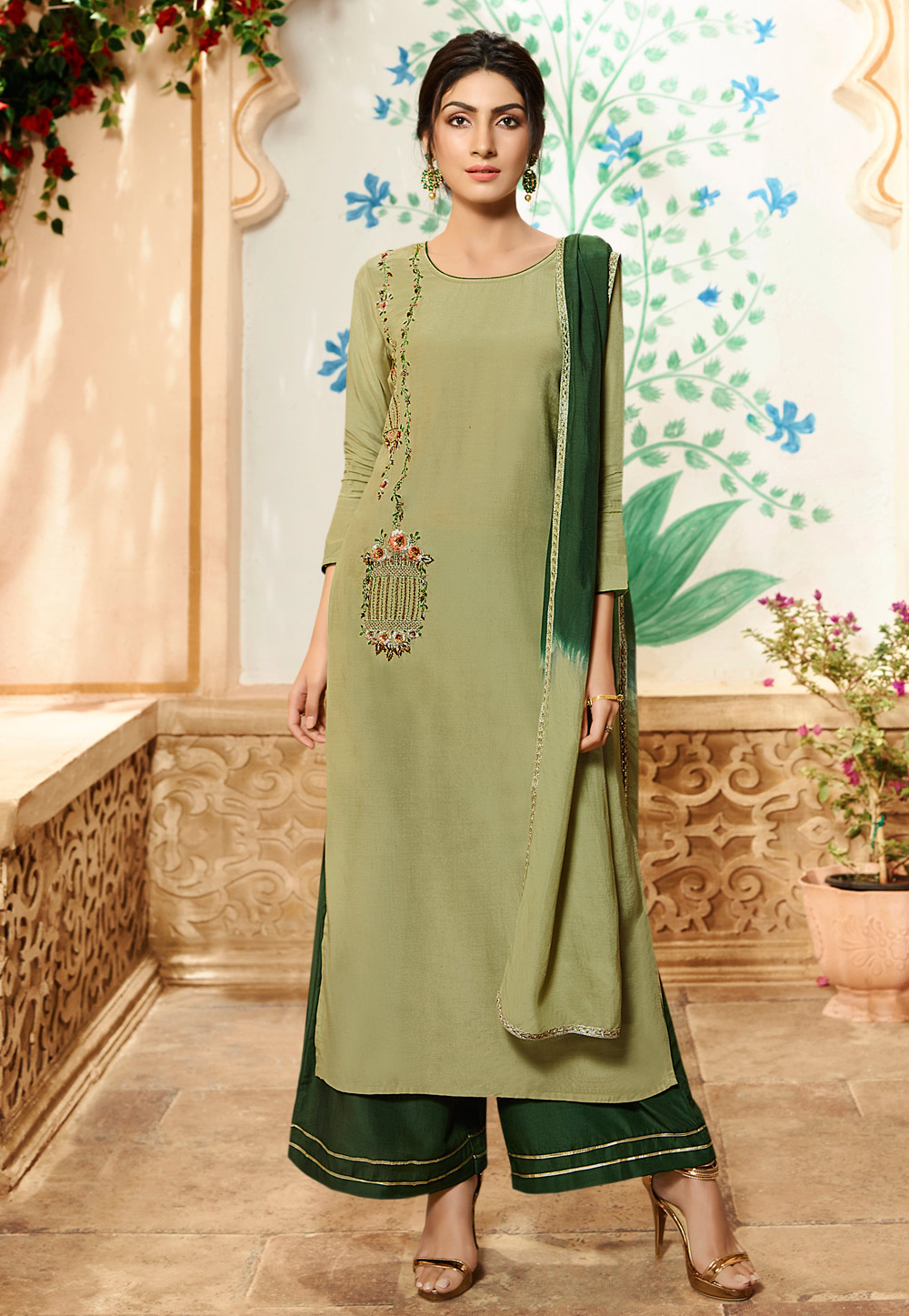 Green Viscose Readymade Palazzo Suit 185858