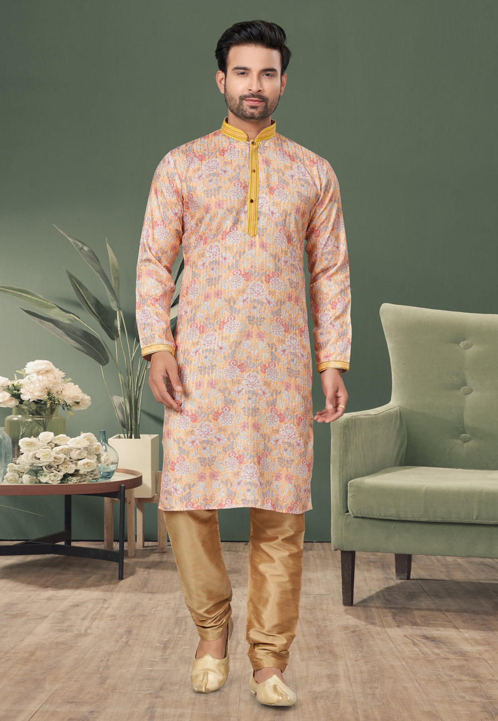 Peach Cotton Printed Kurta Pajama 276490