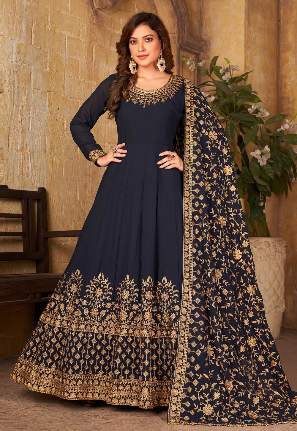 Navy Blue Faux Georgette Long Anarkali Suit 247665