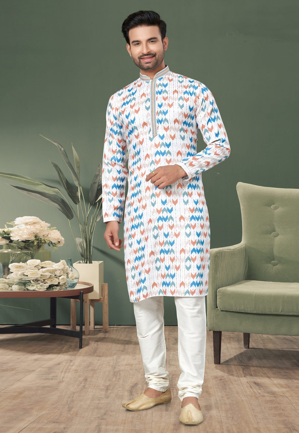 White Cotton Printed Kurta Pajama 276491