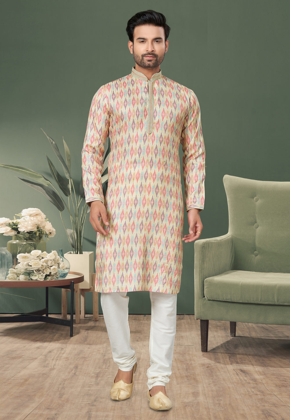 Beige Cotton Printed Kurta Pajama 276493