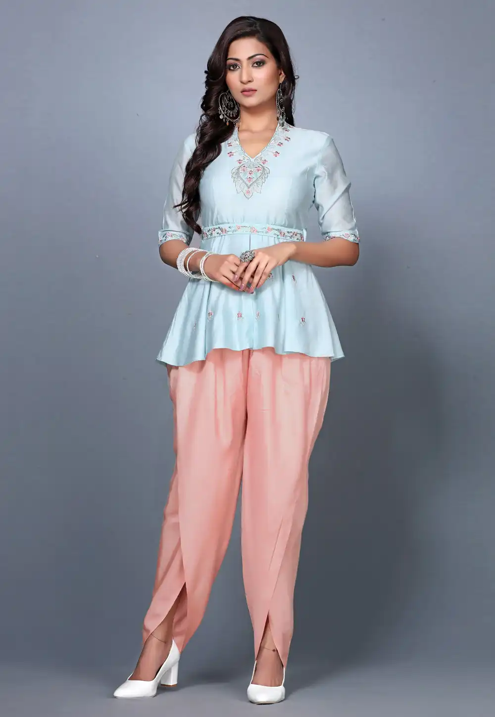 Sky Blue Chanderi Womens Peplum Suit 271198