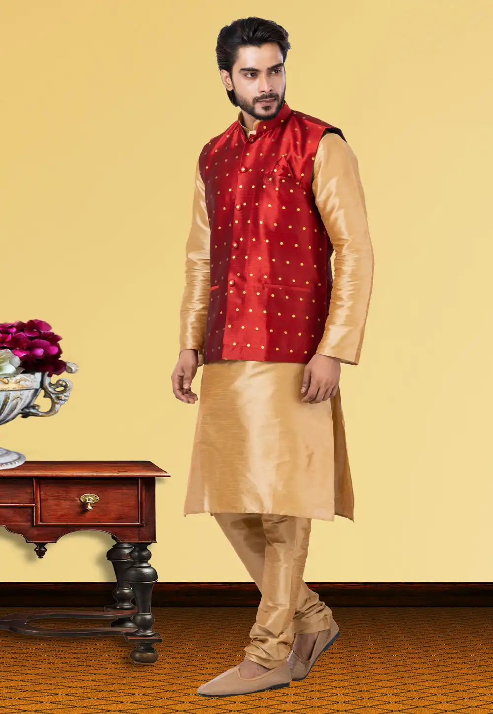 Golden Dupion Raw Silk Kurta Pajama With Jacket 250158