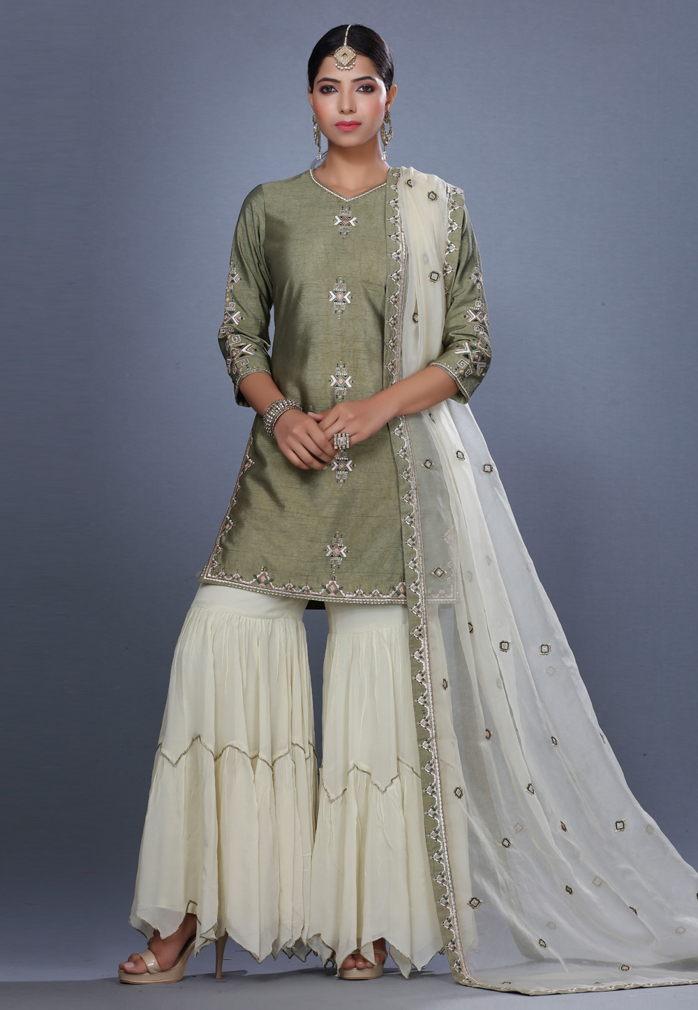 Camo Green Raw Silk Sharara Suit 271213