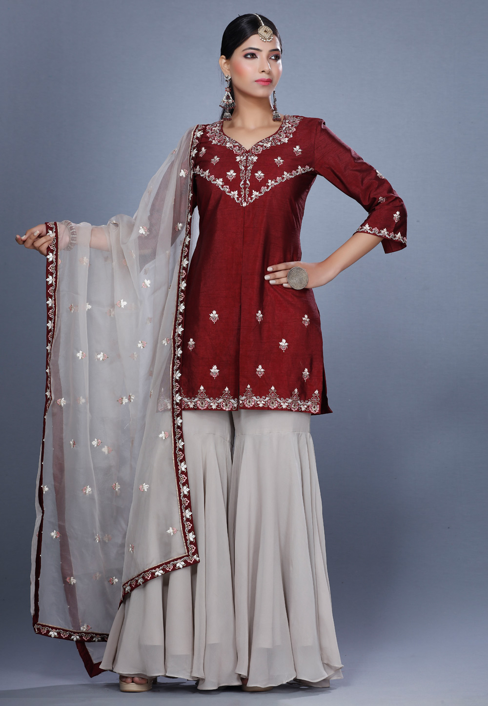 Maroon Raw Silk Pakistani Sharara Suit 271214