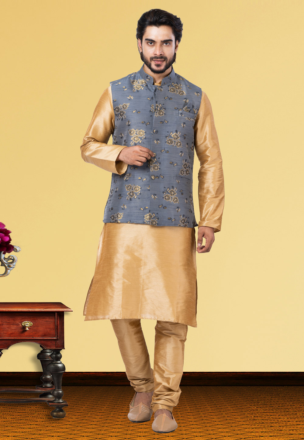 Golden Dupion Raw Silk Kurta Pajama With Jacket 250159