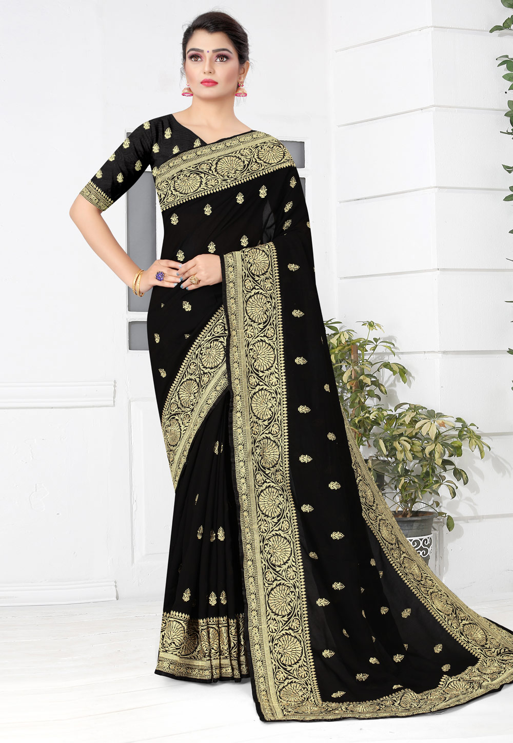 Black Silk Saree With Blouse 221340