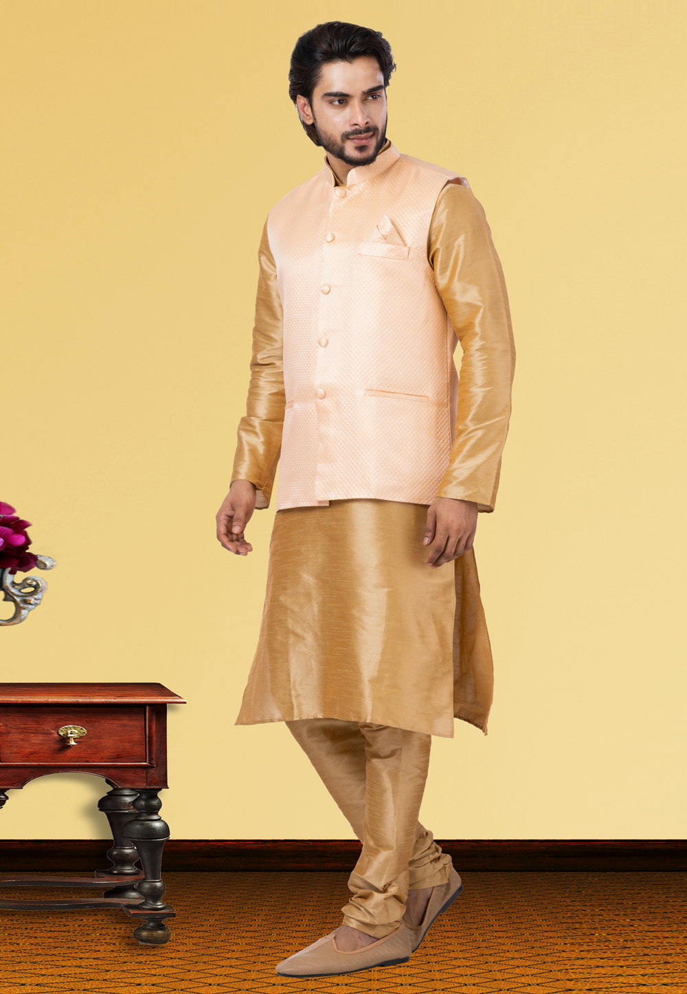 Golden Dupion Raw Silk Kurta Pajama With Jacket 250160