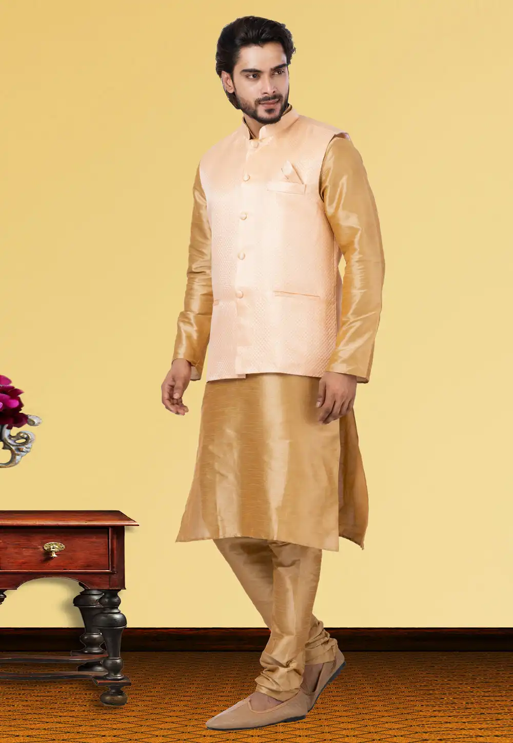 Golden Dupion Raw Silk Kurta Pajama With Jacket 250160