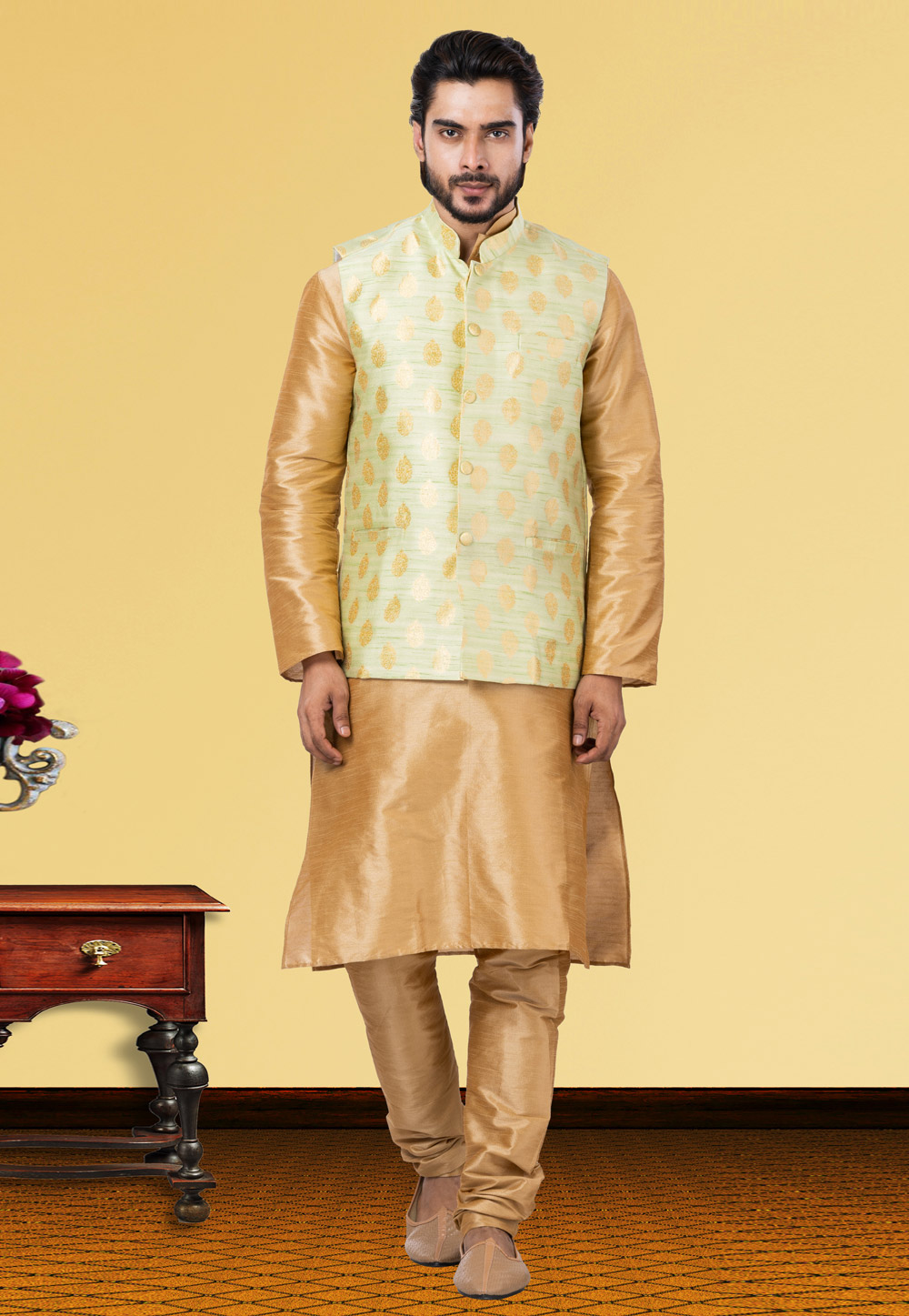 Golden Dupion Raw Silk Kurta Pajama With Jacket 250161