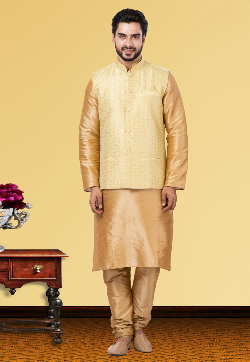 Golden Dupion Raw Silk Kurta Pajama With Jacket 250162