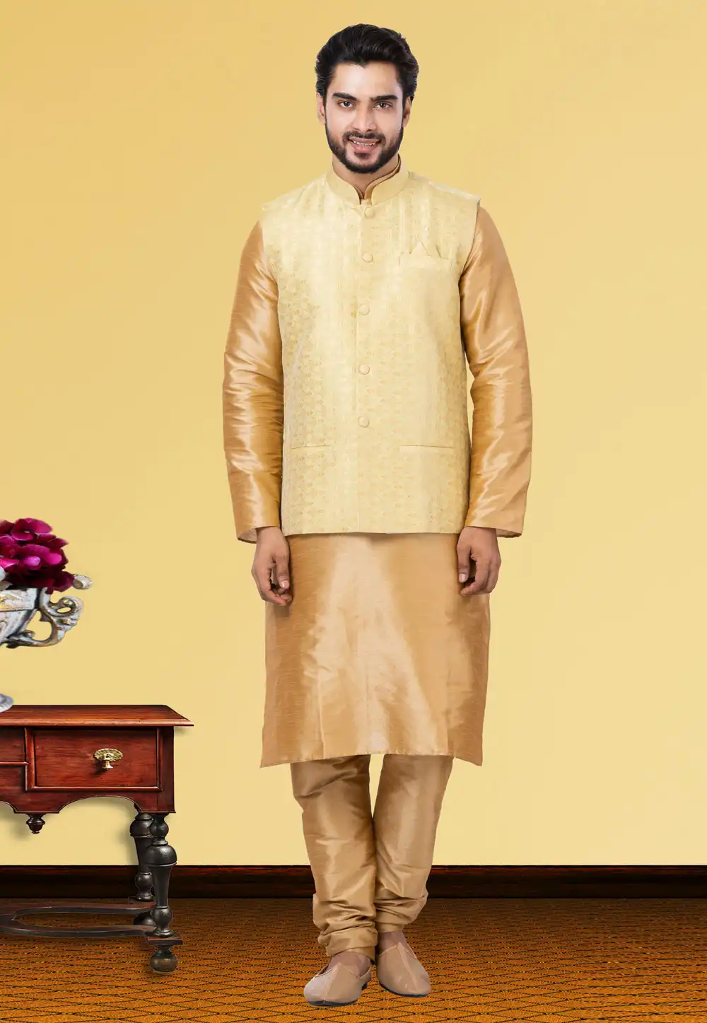 Golden Dupion Raw Silk Kurta Pajama With Jacket 250162