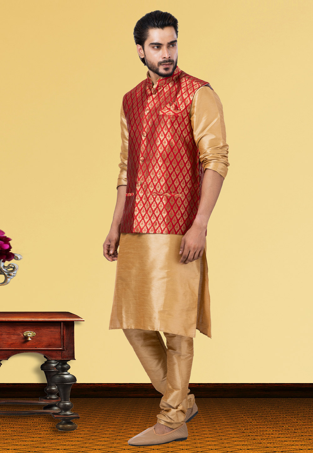 Golden Dupion Raw Silk Kurta Pajama With Jacket 250163
