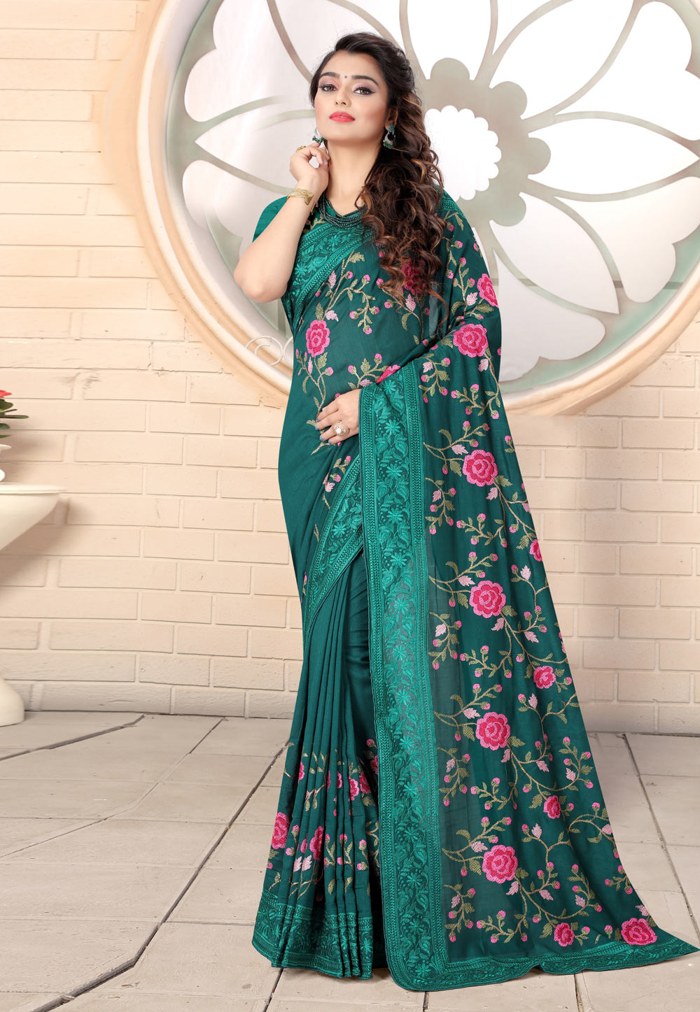 Teal Silk Saree With Blouse 221951