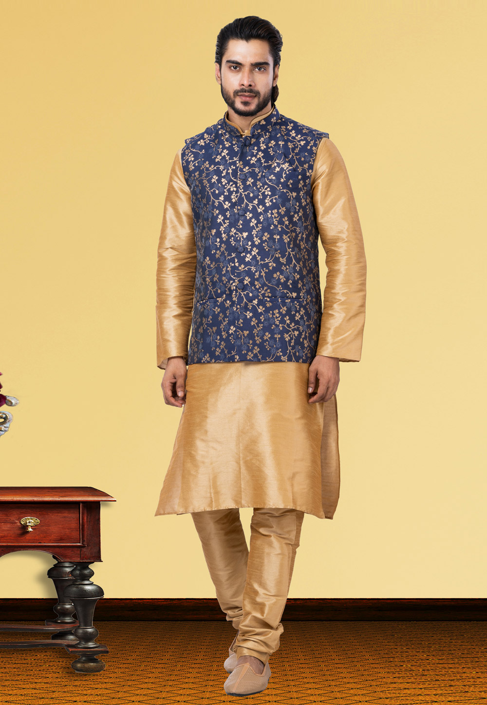 Golden Dupion Raw Silk Kurta Pajama With Jacket 250164