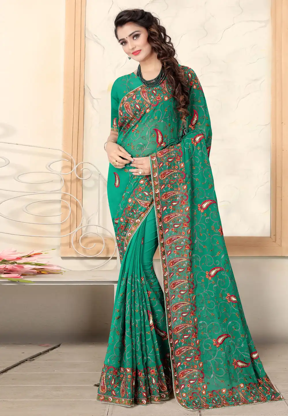 Green Silk Saree With Blouse 221957