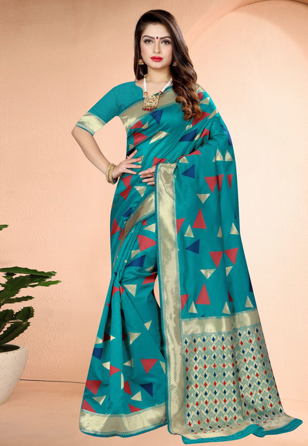 Turquoise Banarasi Saree With Blouse 222826