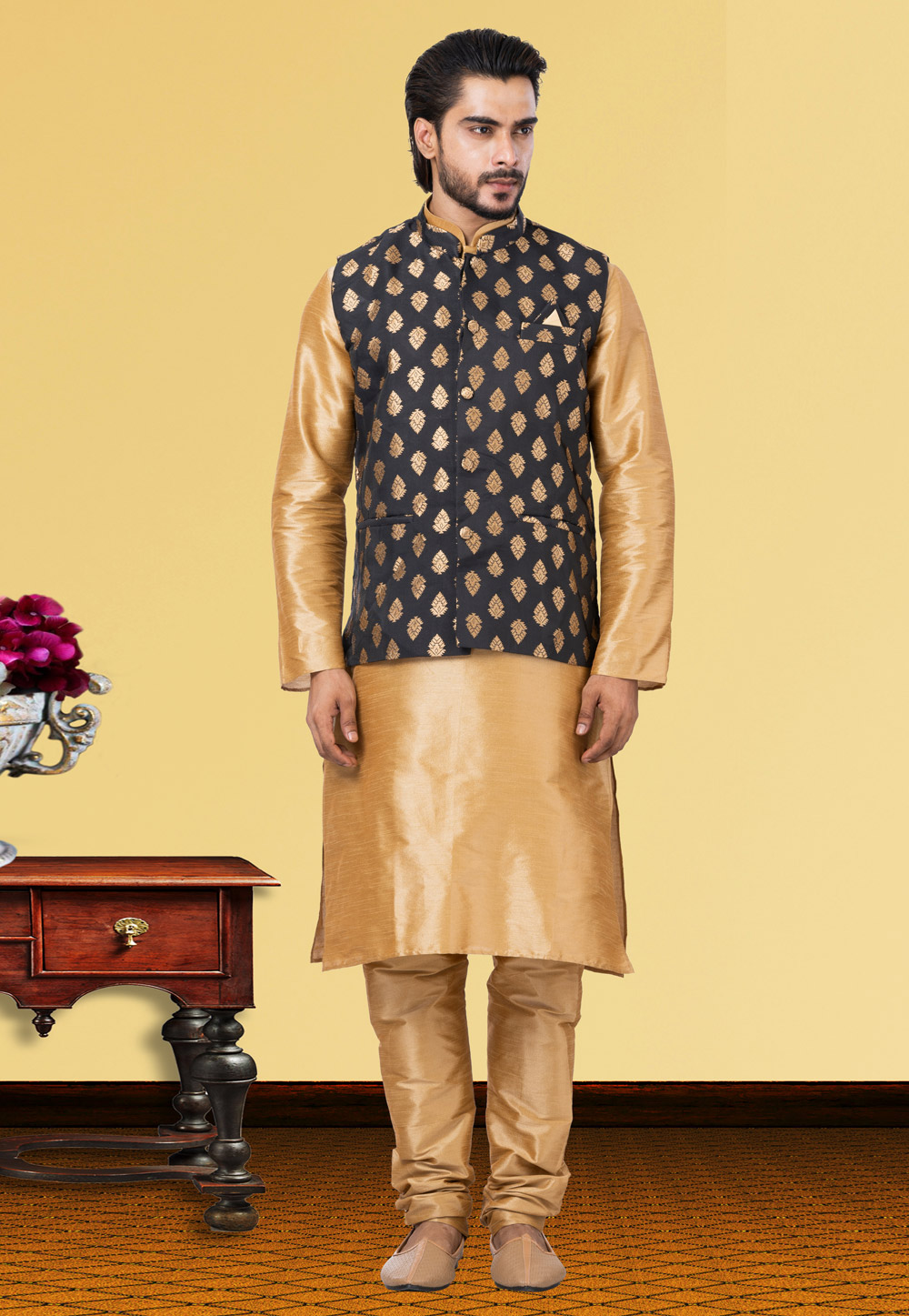 Golden Dupion Raw Silk Kurta Pajama With Jacket 250166
