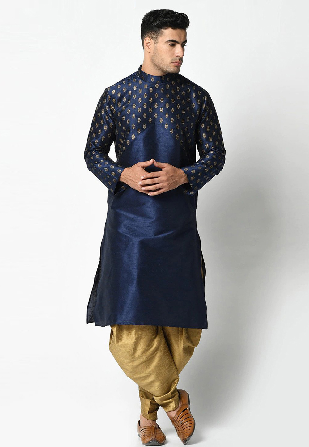 Navy Blue Dupion Silk Dhoti Kurta 235412