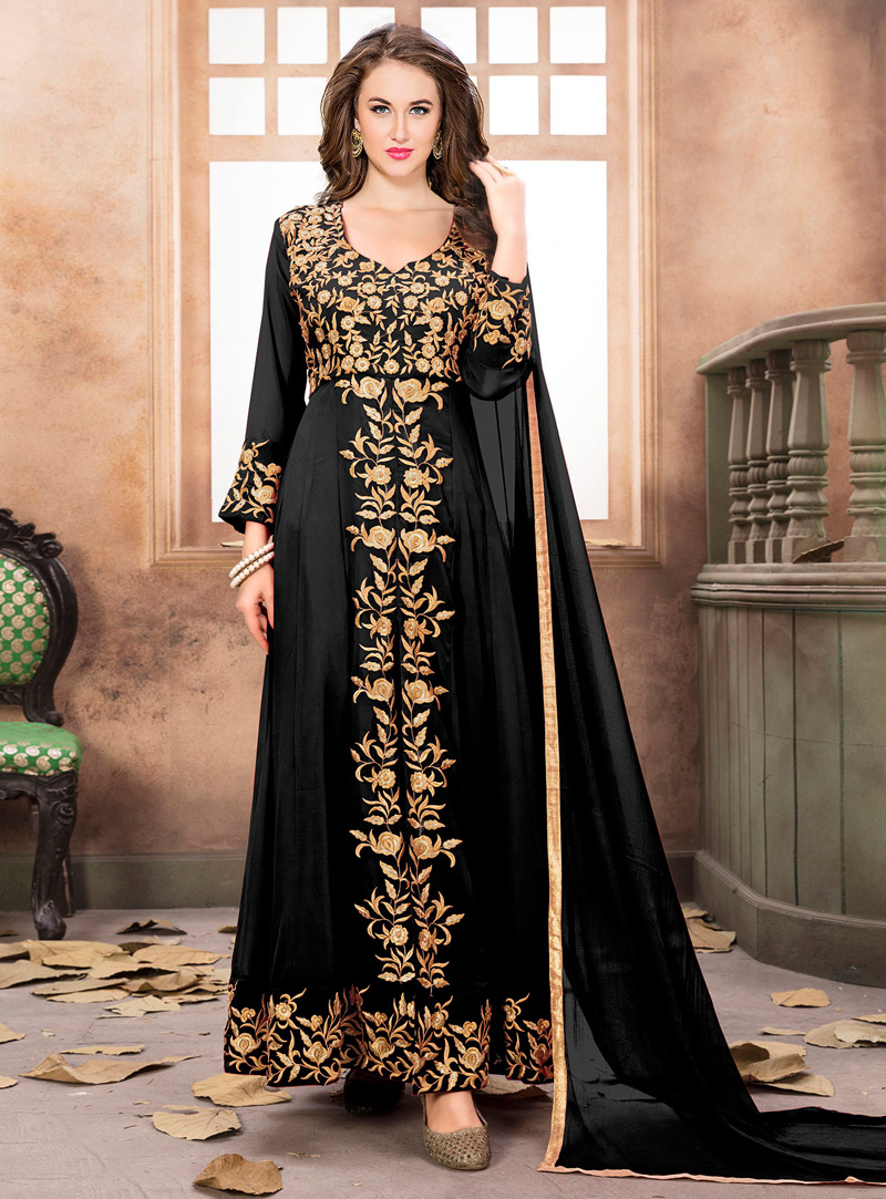 Black Faux Georgette Center Slit Anarkali Suit 117753