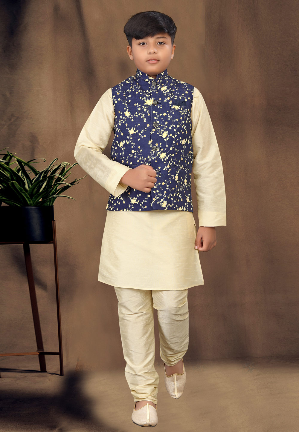 Cream Silk Kids Kurta Pajama With Jacket 261005