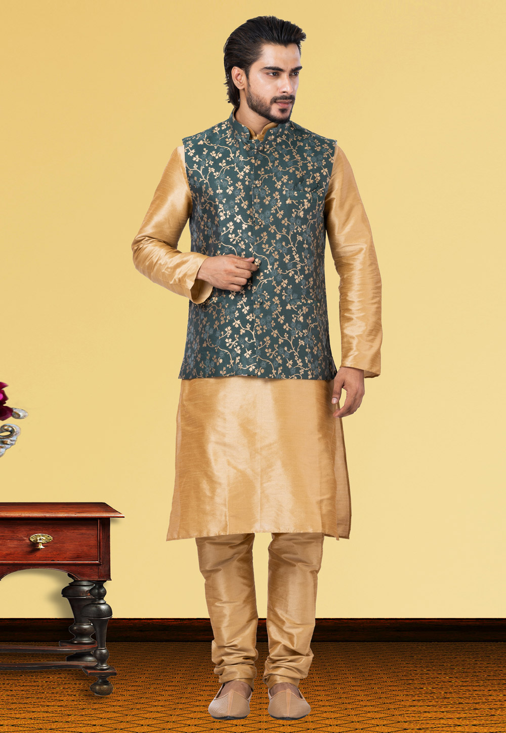 Golden Dupion Raw Silk Kurta Pajama With Jacket 250167