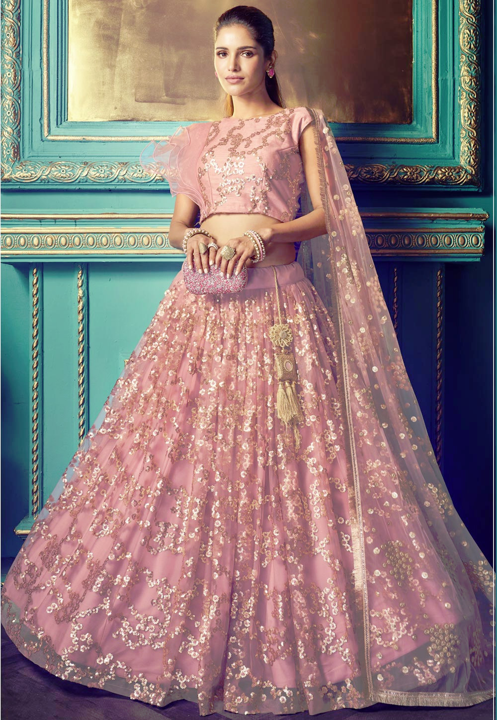 Pink Net Embroidered Designer Lehenga Choli 212213