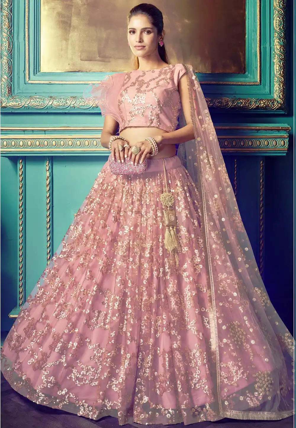 Pink Net Embroidered Designer Lehenga Choli 212213