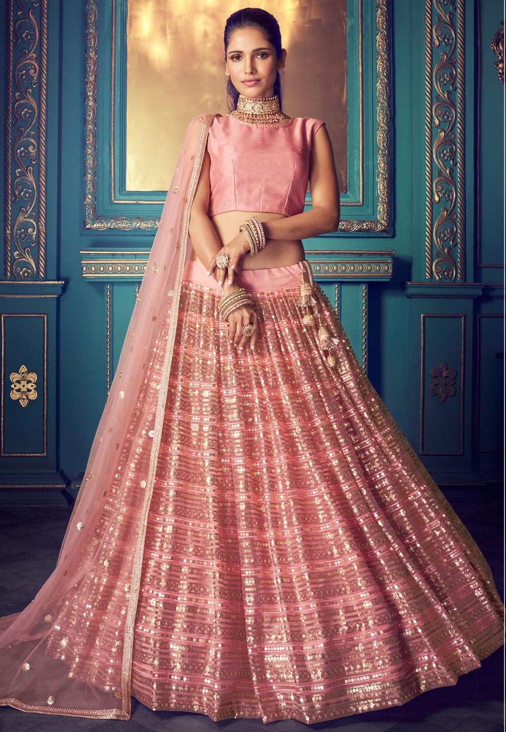 Pink Net Embroidered Circular Lehenga Choli 212218