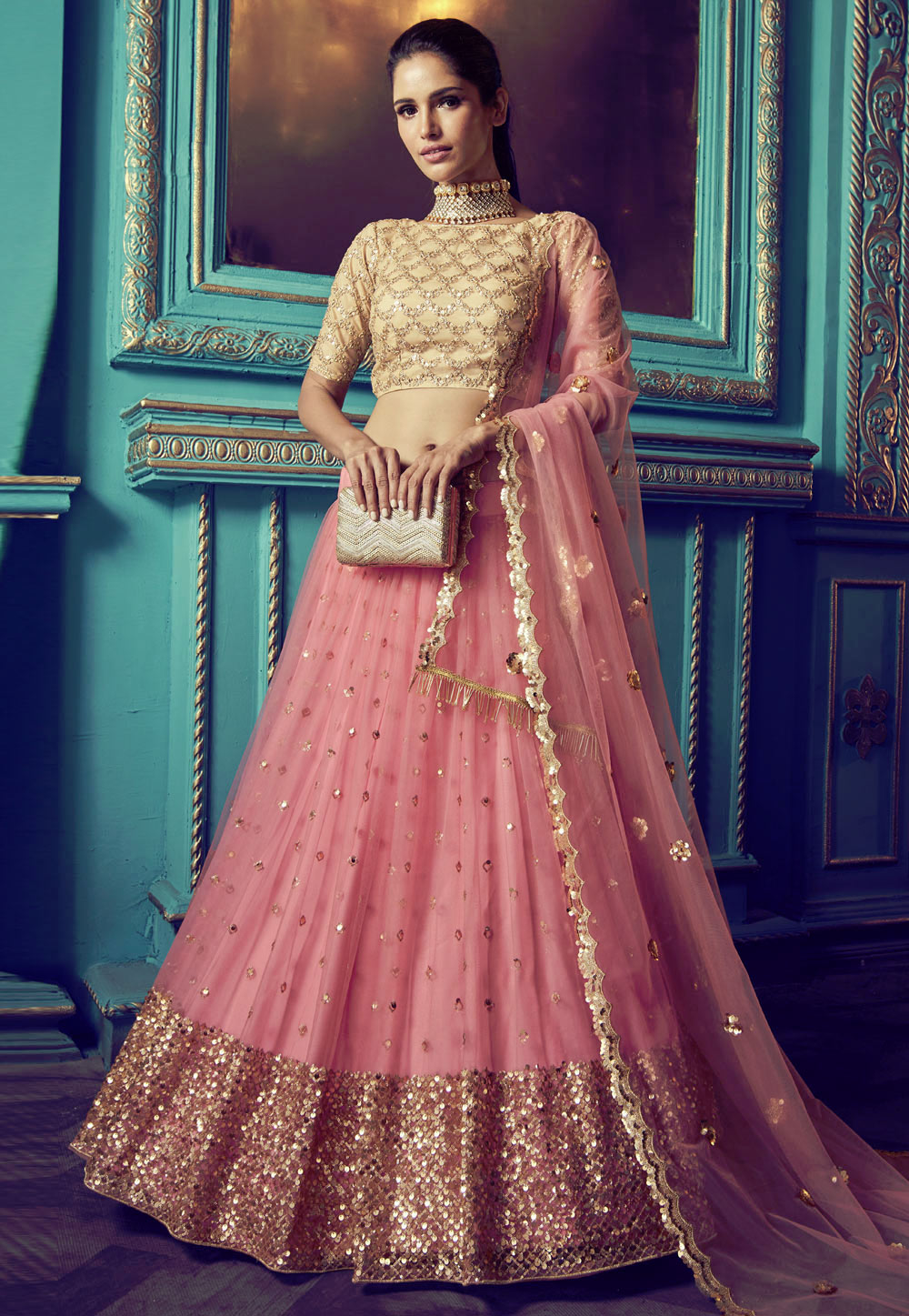Pink Net Embroidered Circular Lehenga Choli 212221