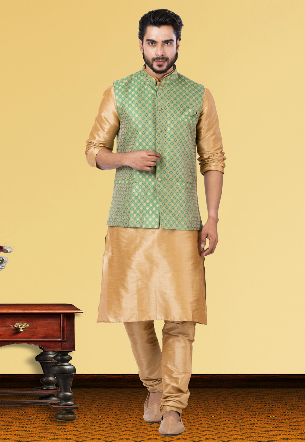 Golden Dupion Raw Silk Kurta Pajama With Jacket 250168