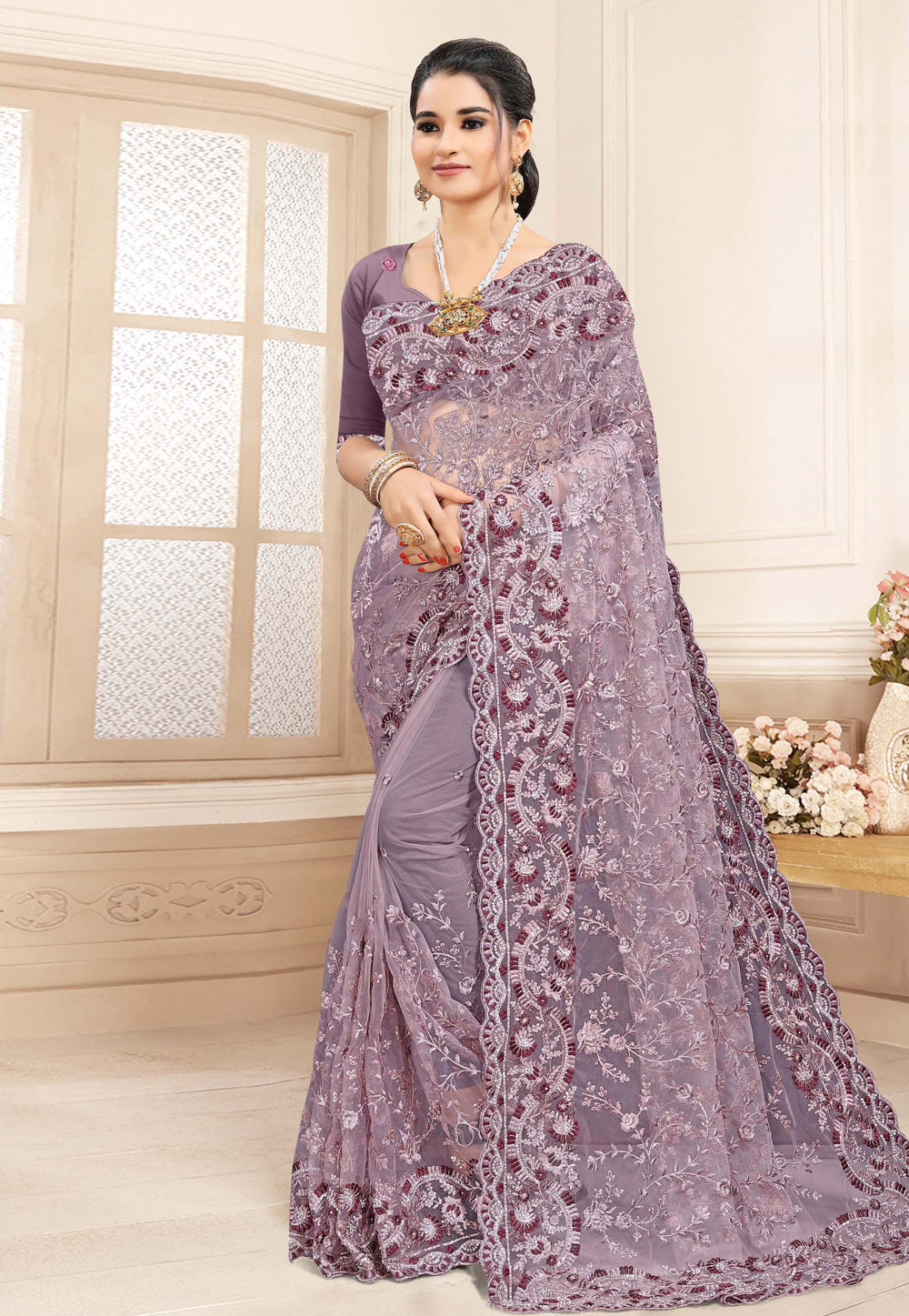 Light Purple Net Saree With Blouse 223230