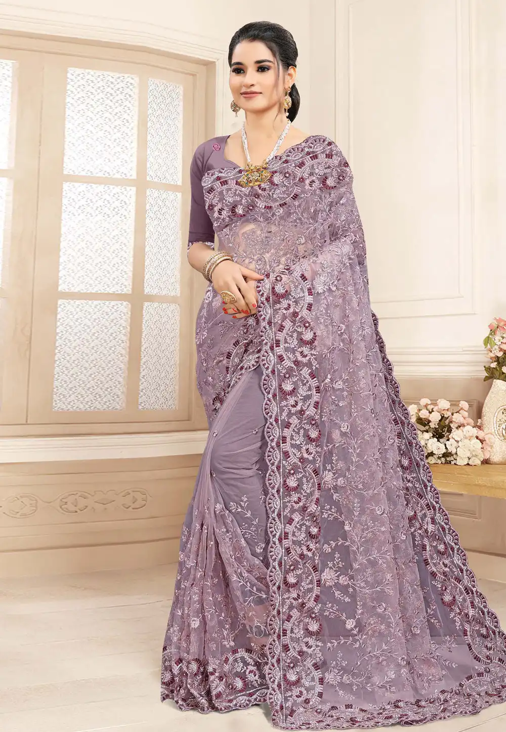 Light Purple Net Saree With Blouse 223230