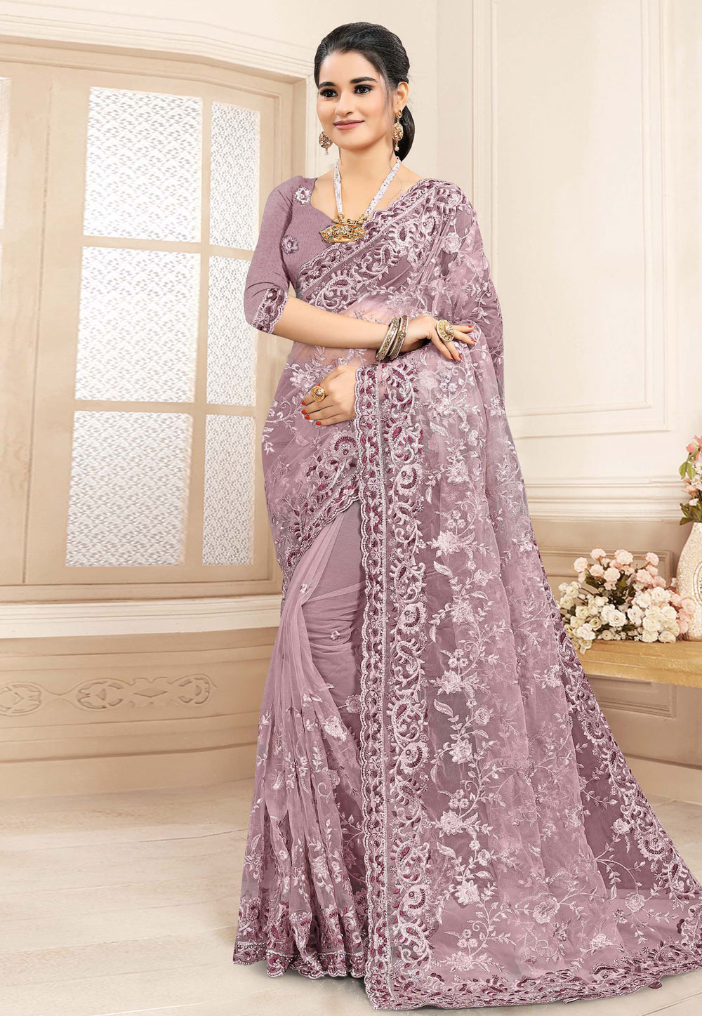 Pink Net Saree With Blouse 223234