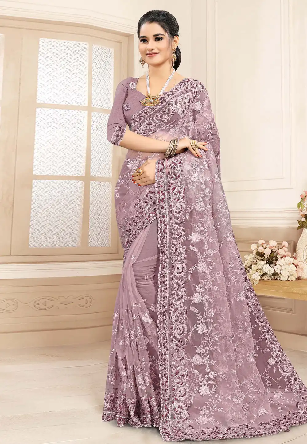 Pink Net Saree With Blouse 223234