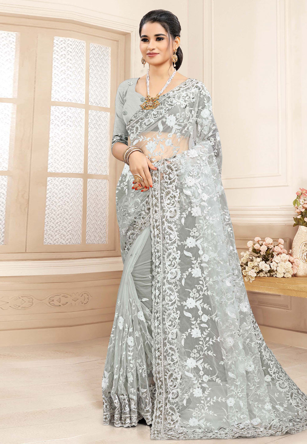 Grey Net Festival Wear Saree 223235