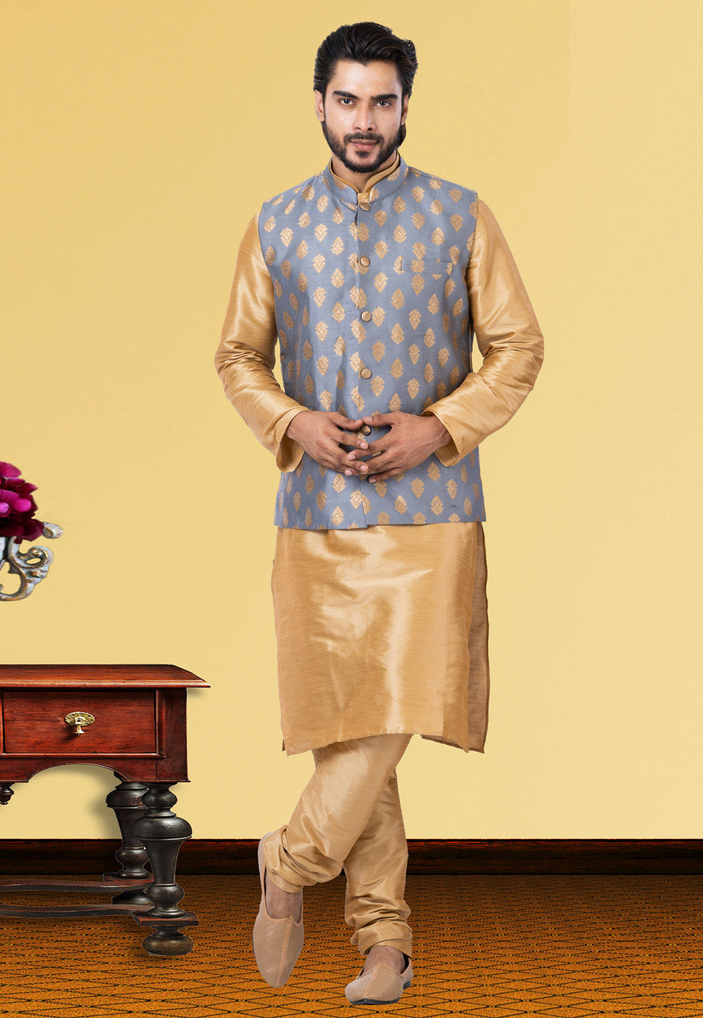 Golden Dupion Raw Silk Kurta Pajama With Jacket 250169