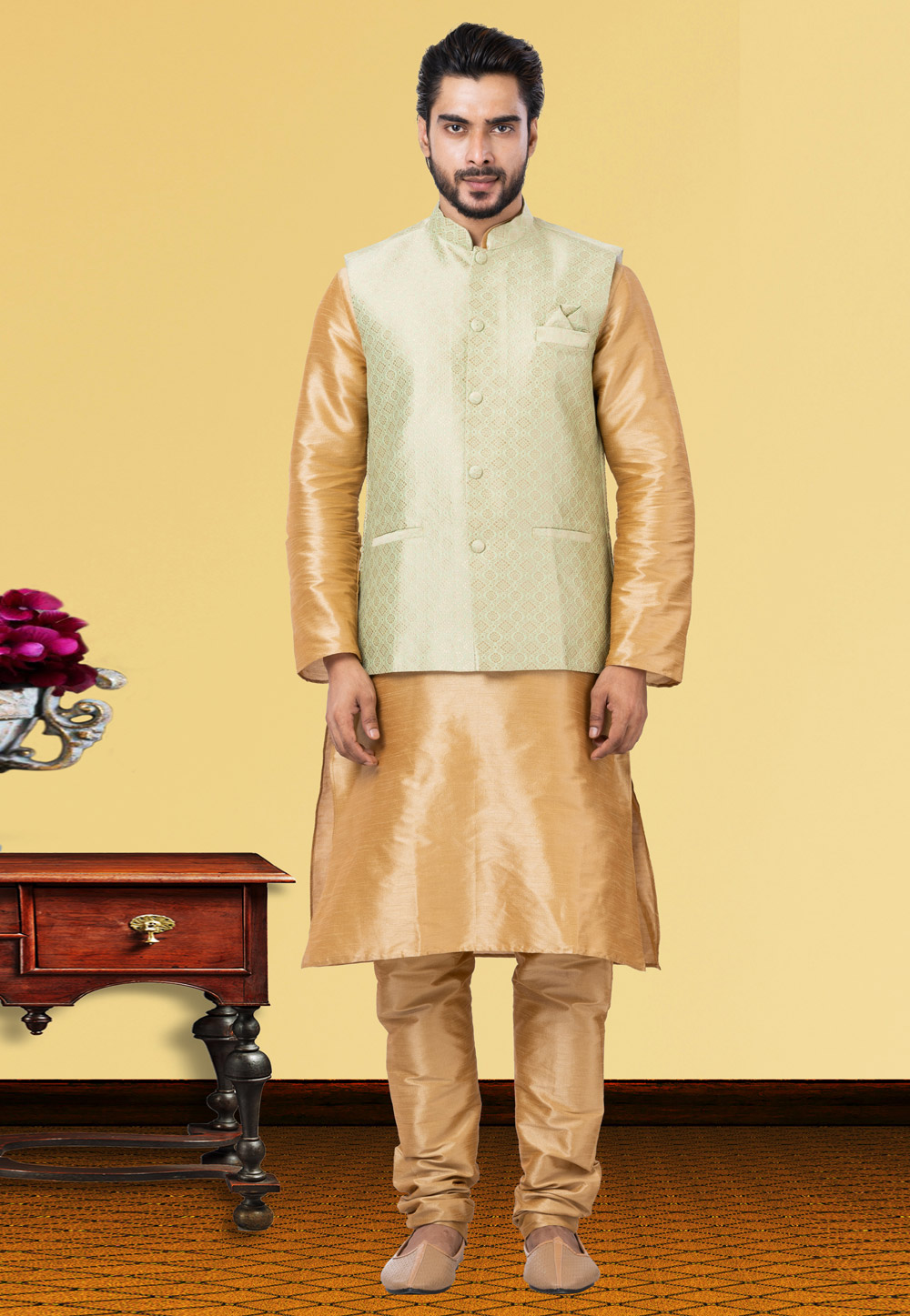 Golden Dupion Raw Silk Kurta Pajama With Jacket 250170