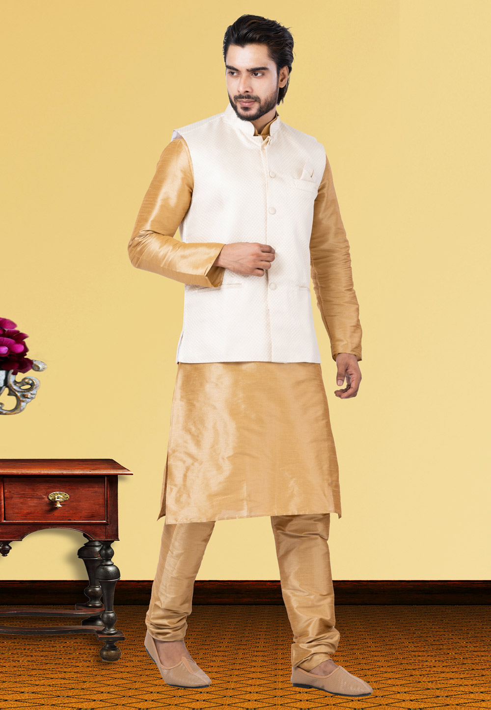 Golden Dupion Raw Silk Kurta Pajama With Jacket 250171