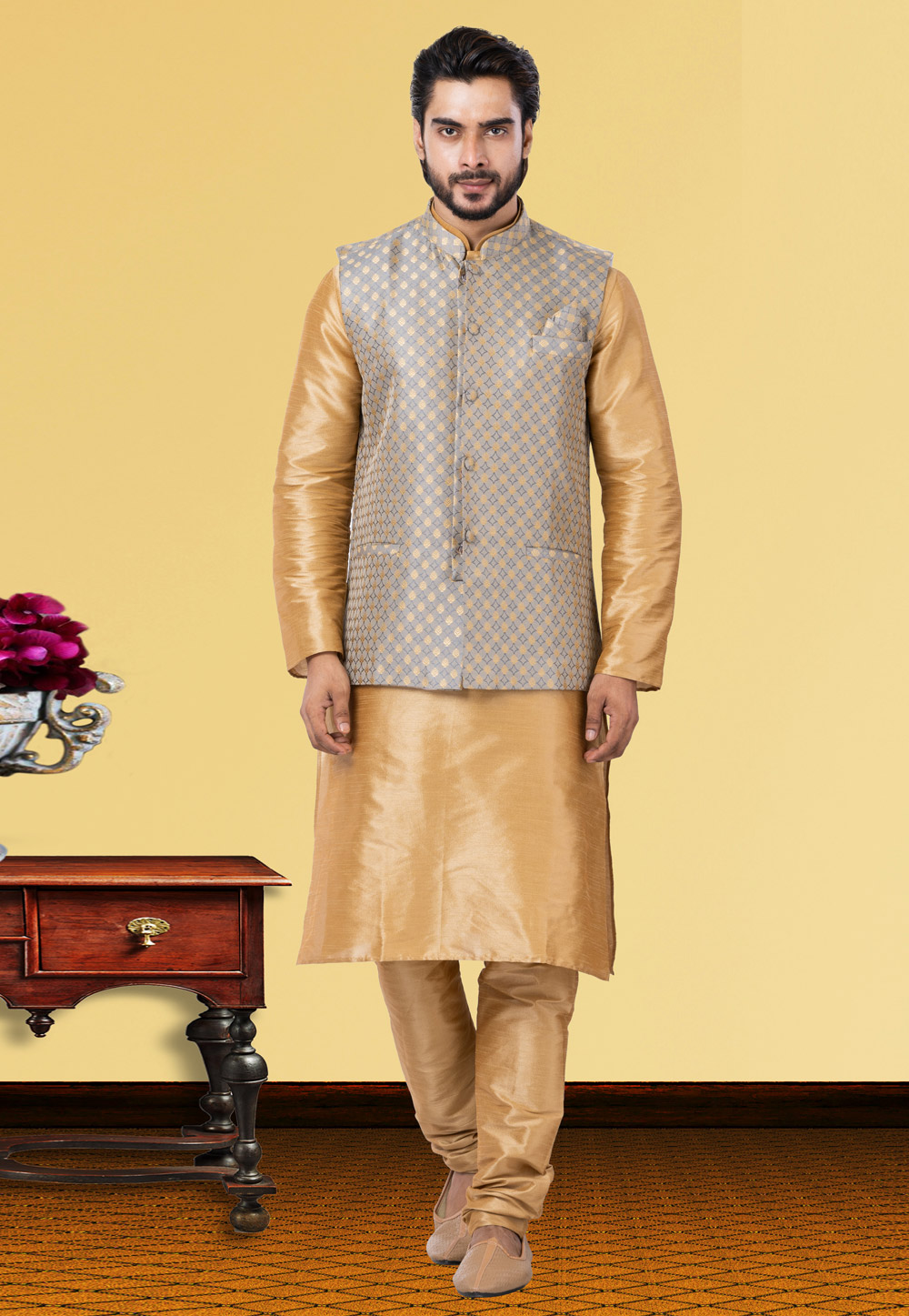 Golden Dupion Raw Silk Kurta Pajama With Jacket 250172