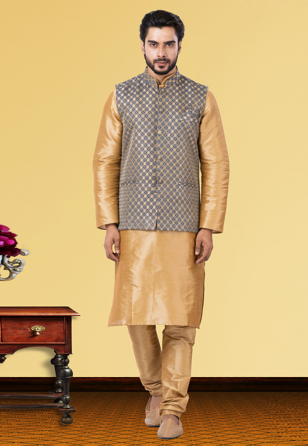Golden Dupion Raw Silk Kurta Pajama With Jacket 250173