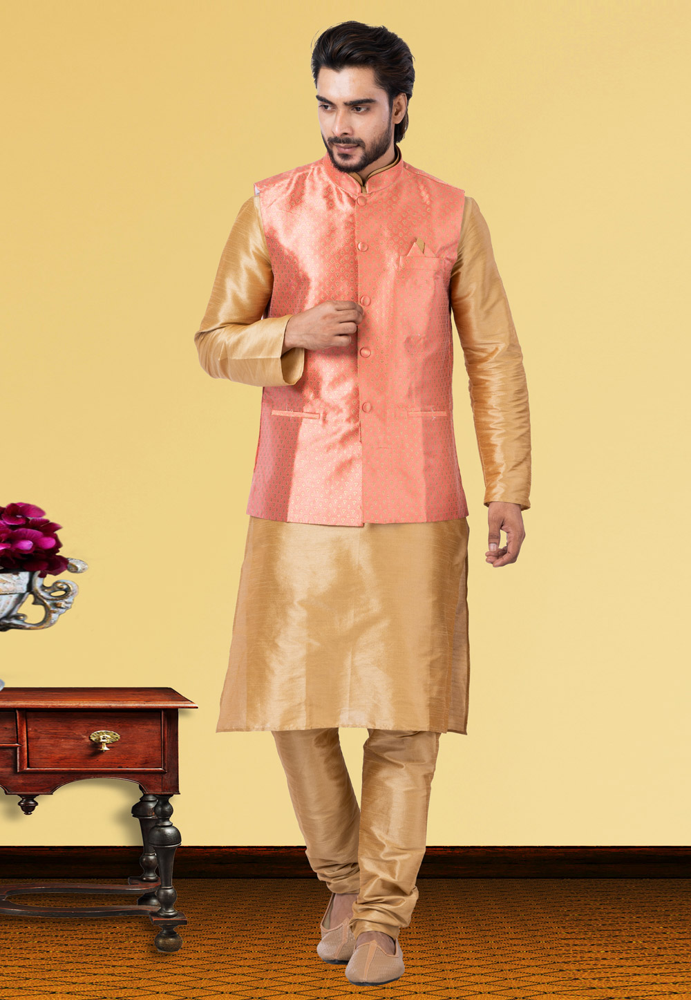 Golden Dupion Raw Silk Kurta Pajama With Jacket 250174