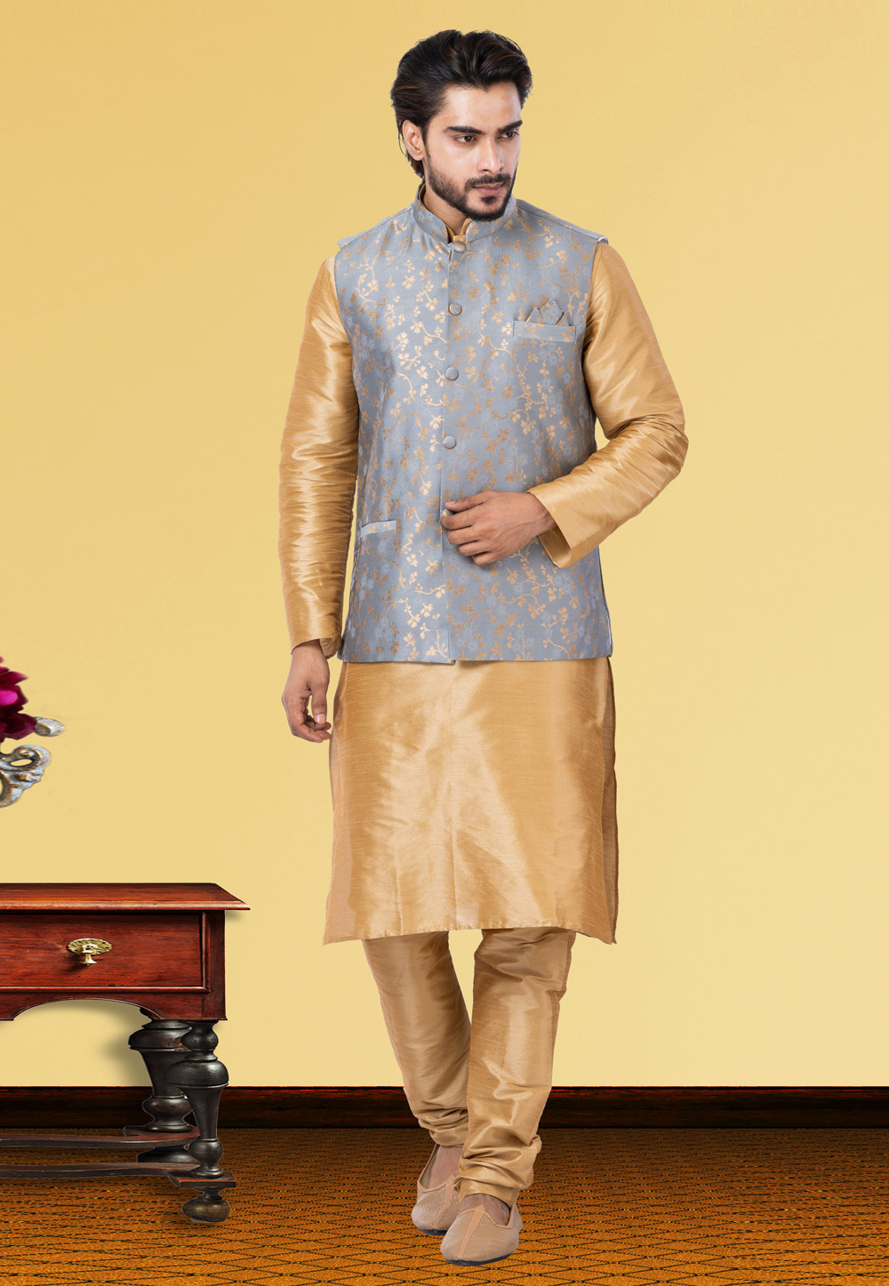 Golden Dupion Raw Silk Kurta Pajama With Jacket 250175