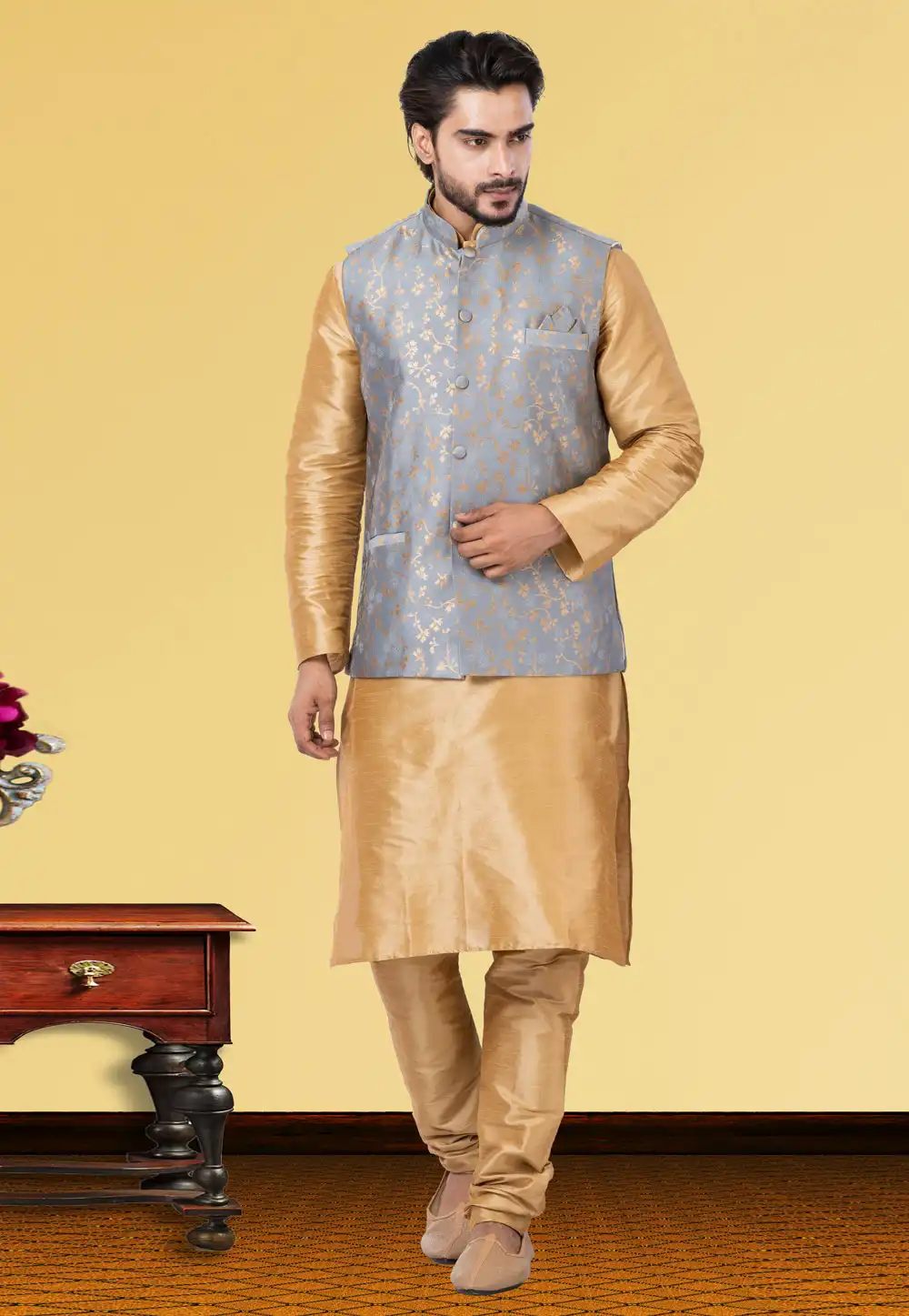Golden Dupion Raw Silk Kurta Pajama With Jacket 250175