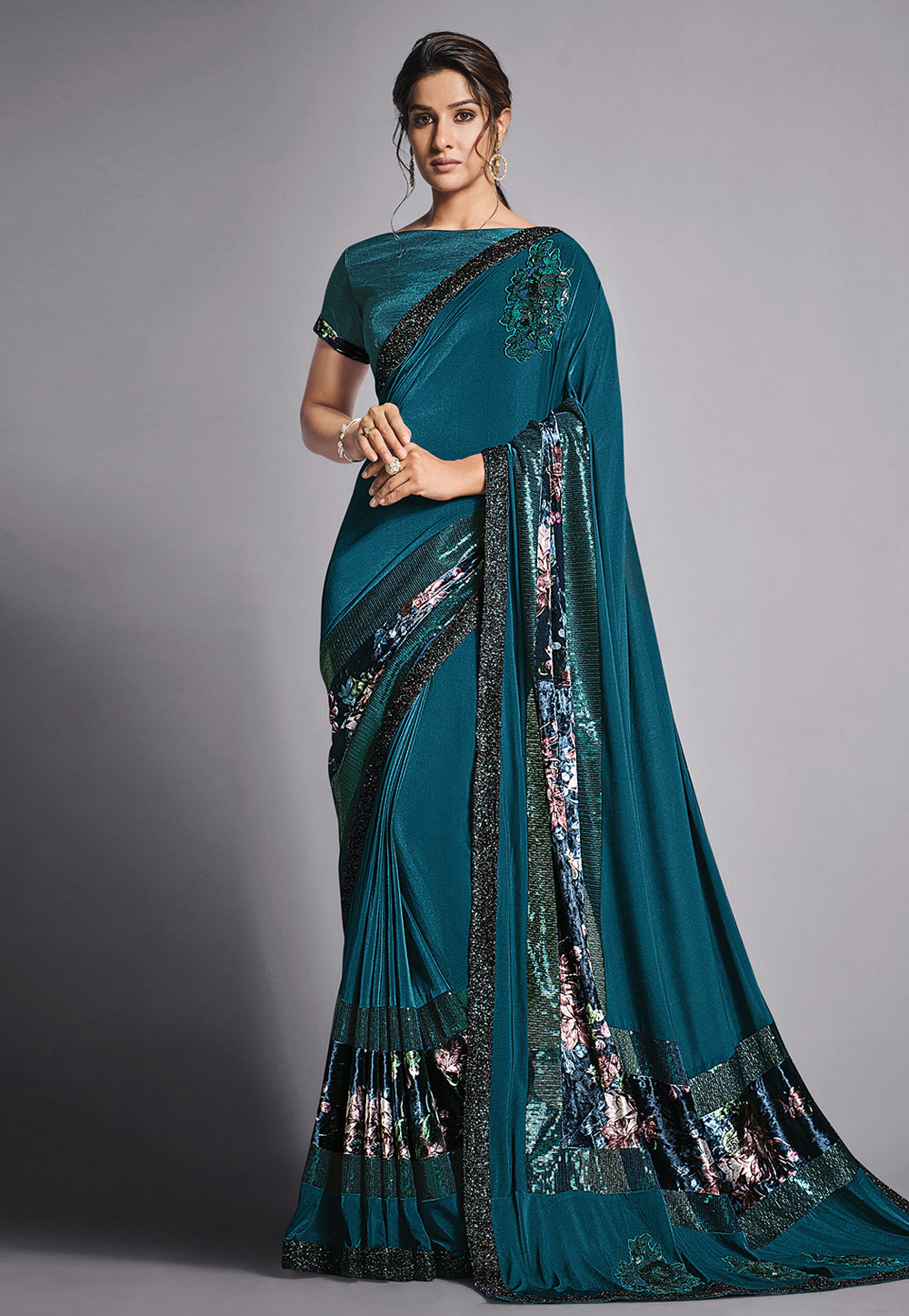 Teal Lycra Festival Wear Saree 238329
